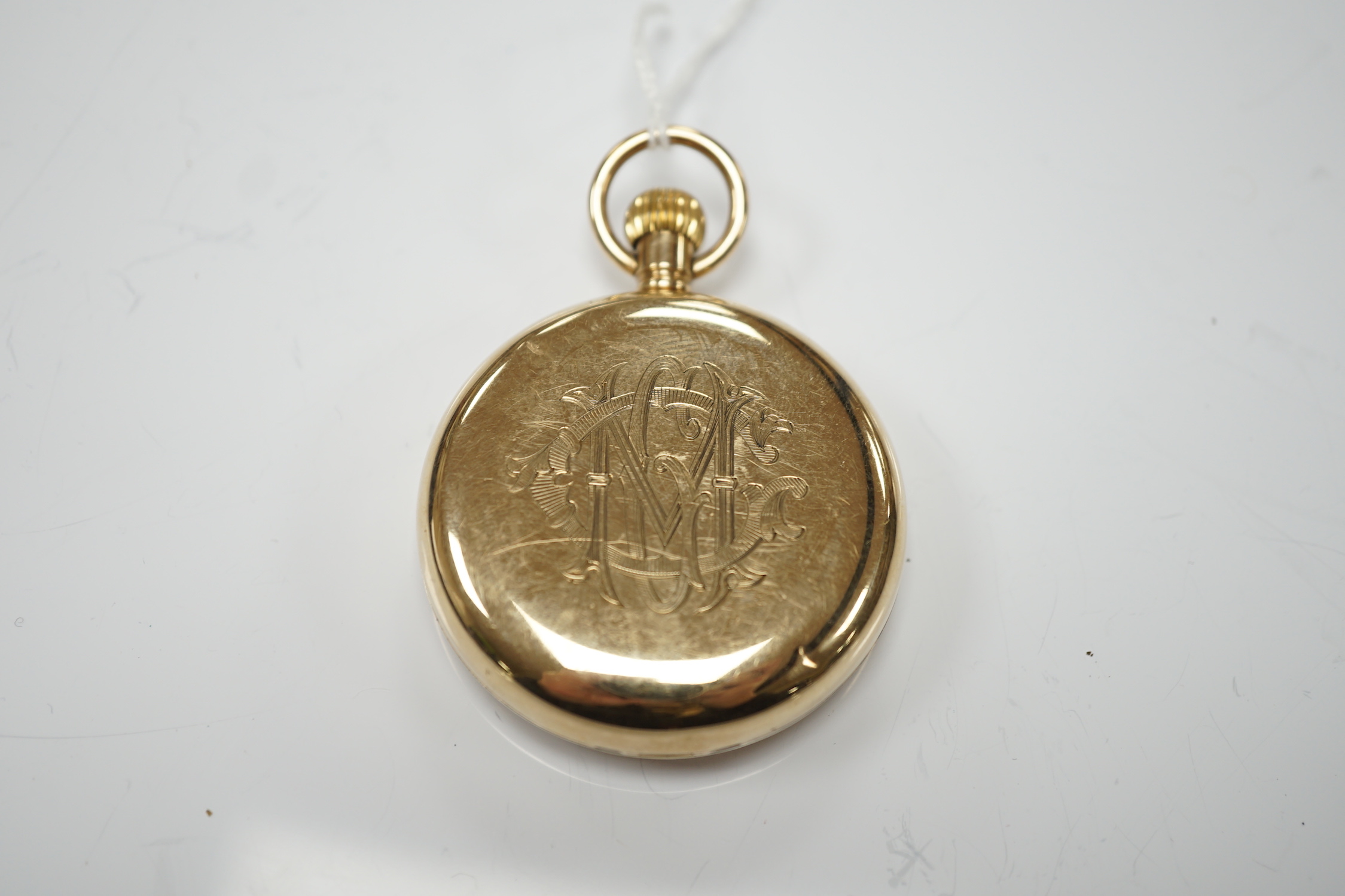 A George V 9ct gold open face keyless pocket watch, with Roman dial, subsidiary second and metal inner case, case diameter 48mm